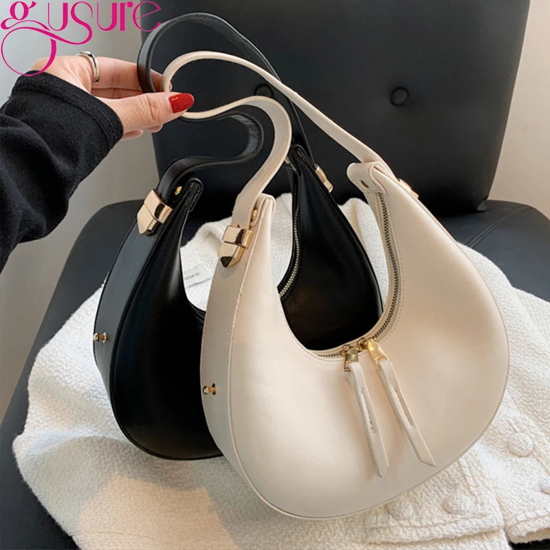 Half Moon Underarm Shoulder Bag Women PU Leather Solid