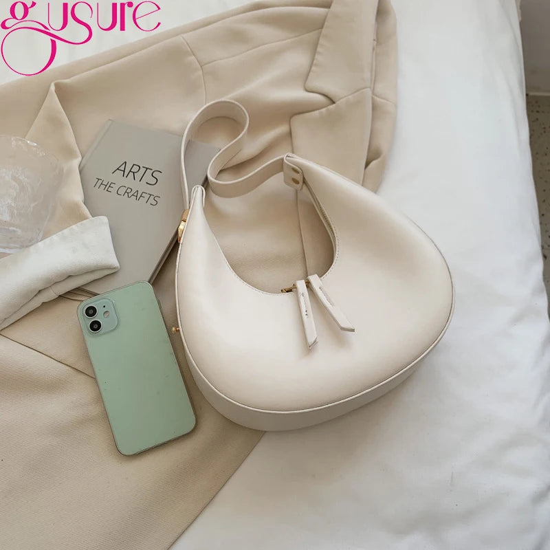 Half Moon Underarm Shoulder Bag Women PU Leather Solid