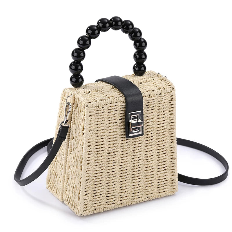 Female Straw Crossbody Bag with Bead Handle Handbag Box Shoulder Bag