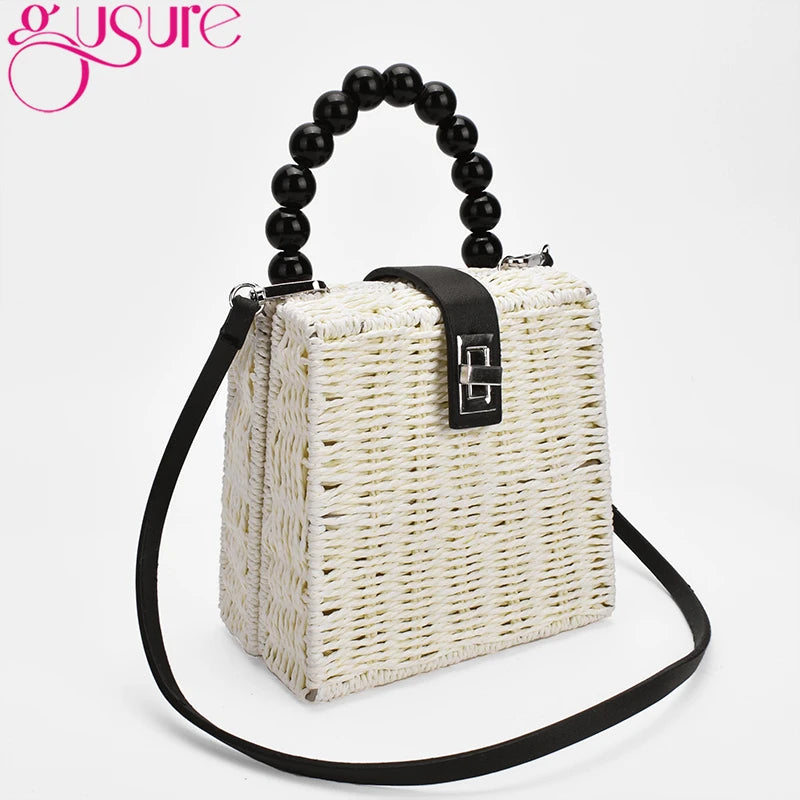 Female Straw Crossbody Bag with Bead Handle Handbag Box Shoulder Bag