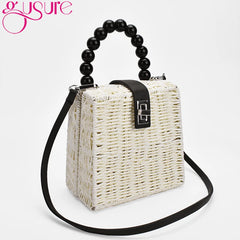 Female Straw Crossbody Bag with Bead Handle Handbag Box Shoulder Bag