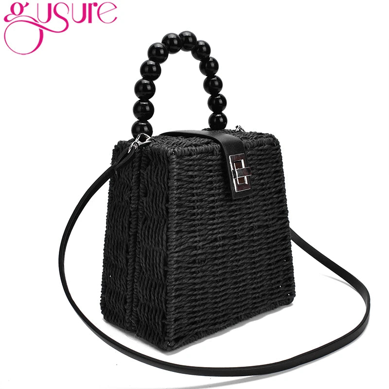 Female Straw Crossbody Bag with Bead Handle Handbag Box Shoulder Bag