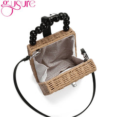 Female Straw Crossbody Bag with Bead Handle Handbag Box Shoulder Bag