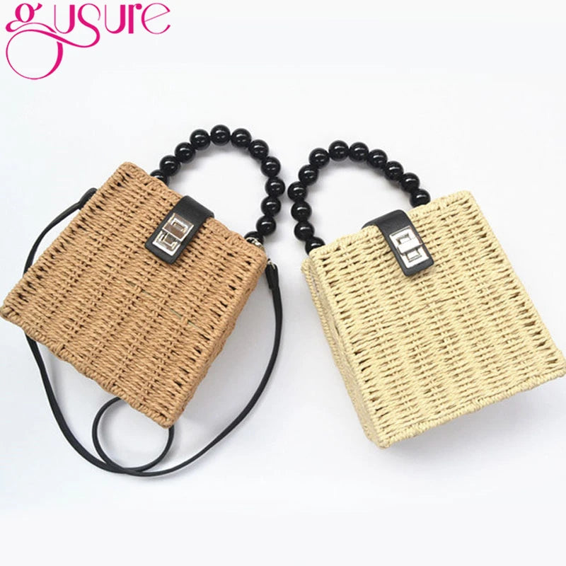 Female Straw Crossbody Bag with Bead Handle Handbag Box Shoulder Bag