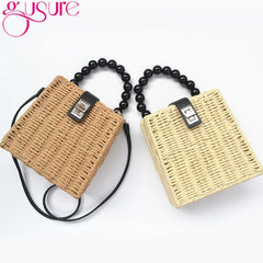 Female Straw Crossbody Bag with Bead Handle Handbag Box Shoulder Bag