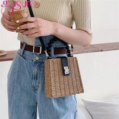 Female Straw Crossbody Bag with Bead Handle Handbag Box Shoulder Bag
