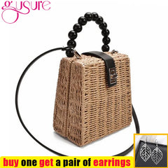 Female Straw Crossbody Bag with Bead Handle Handbag Box Shoulder Bag