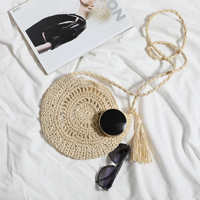 Rattan Hollow Woven Round Women Straw Crossbody Bag