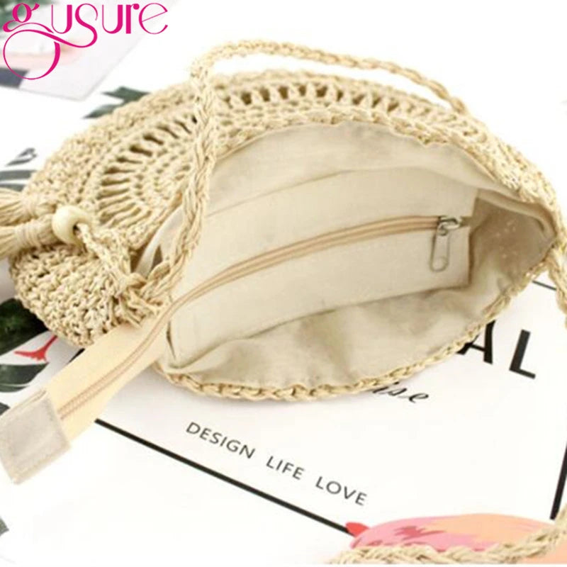 Rattan Hollow Woven Round Women Straw Crossbody Bag