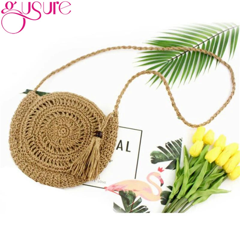 Rattan Hollow Woven Round Women Straw Crossbody Bag