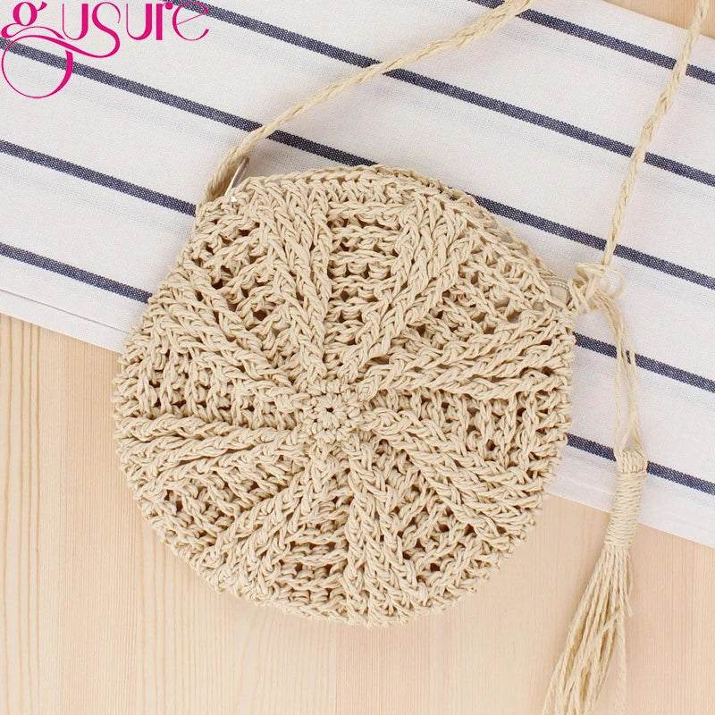 Round Women Straw Bag Handbag Knit Summer Beach Bag Tassel Crossbody