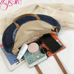 Round Straw Beach Bag Vintage Woven Shoulder Bag Raffia Circle Rattan