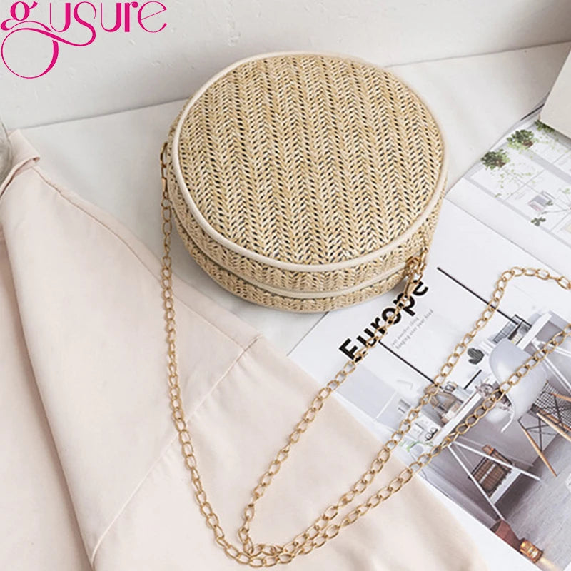 Round Straw Crossbody Bag Women Shoulder Bag Vintage Summer Beach Handbag