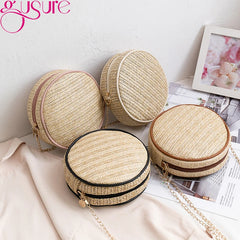 Round Straw Crossbody Bag Women Shoulder Bag Vintage Summer Beach Handbag