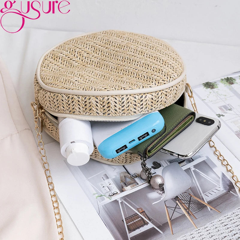 Round Straw Crossbody Bag Women Shoulder Bag Vintage Summer Beach Handbag