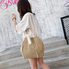 Straw Bucket Women Bag Drawstring Girls Shoulder Bags with Ribbon Female Handbag