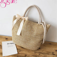 Straw Bucket Women Bag Drawstring Girls Shoulder Bags with Ribbon Female Handbag