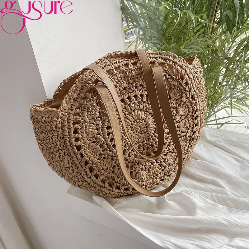 Summer Round Straw Rattan Bag Casual Woven Beach Totes Female Large Capacity