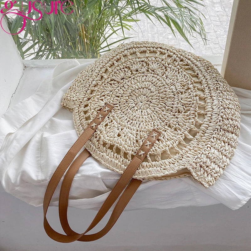 Summer Round Straw Rattan Bag Casual Woven Beach Totes Female Large Capacity