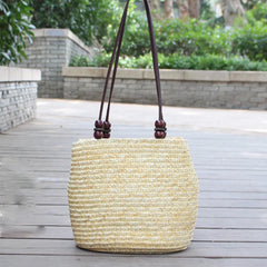 Straw Shoulder Bag Beach Bucket Handbag Rattan Woven Casual Tote