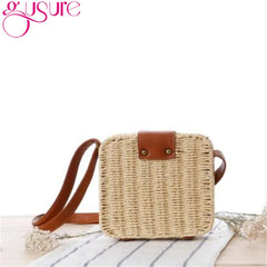 Women Rattan Straw Crossbody Bag Square Handbags Lady Shoulder Flap Bags