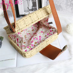 Women Rattan Straw Crossbody Bag Square Handbags Lady Shoulder Flap Bags