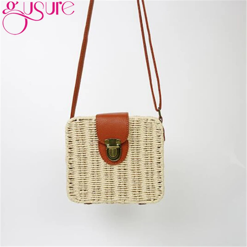 Women Rattan Straw Crossbody Bag Square Handbags Lady Shoulder Flap Bags
