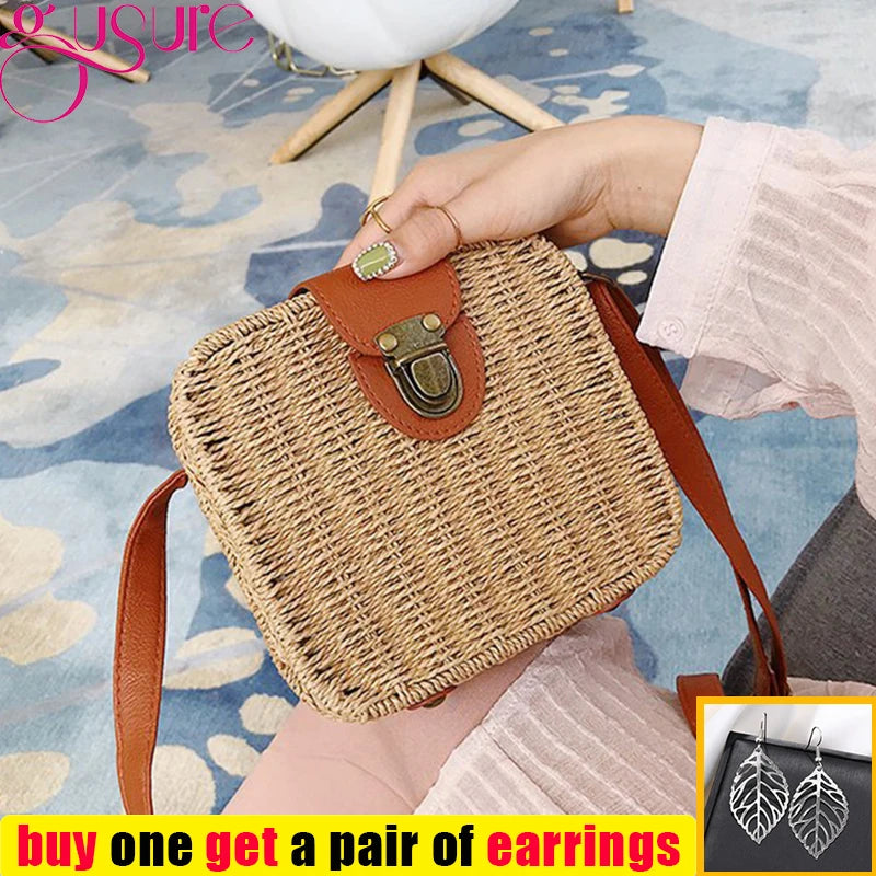 Women Rattan Straw Crossbody Bag Square Handbags Lady Shoulder Flap Bags