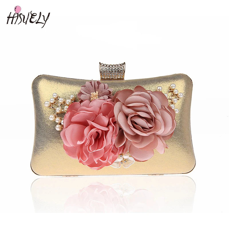 Gold/SILVER Silk Women Evening Bag Flower Handbags Wedding Dinner Bags