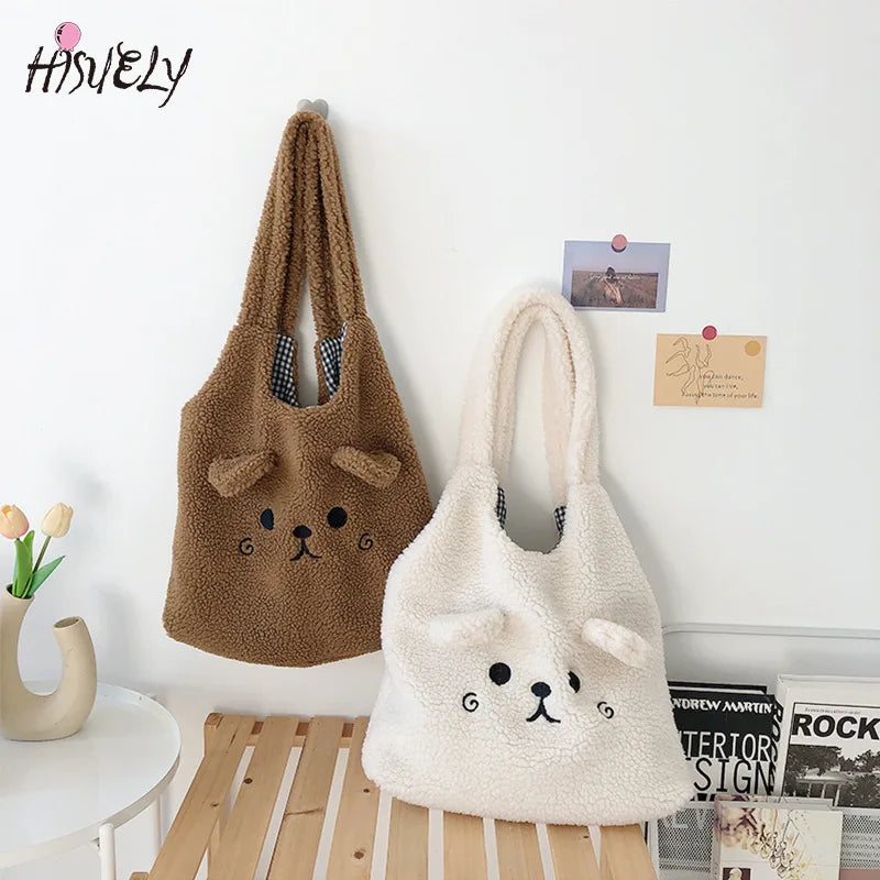 Winter Plush Tote Bag Women Cartoon Embroidery Lamb Hair Shoulder Bag