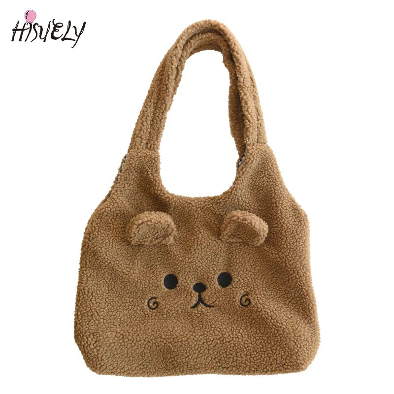 Winter Plush Tote Bag Women Cartoon Embroidery Lamb Hair Shoulder Bag