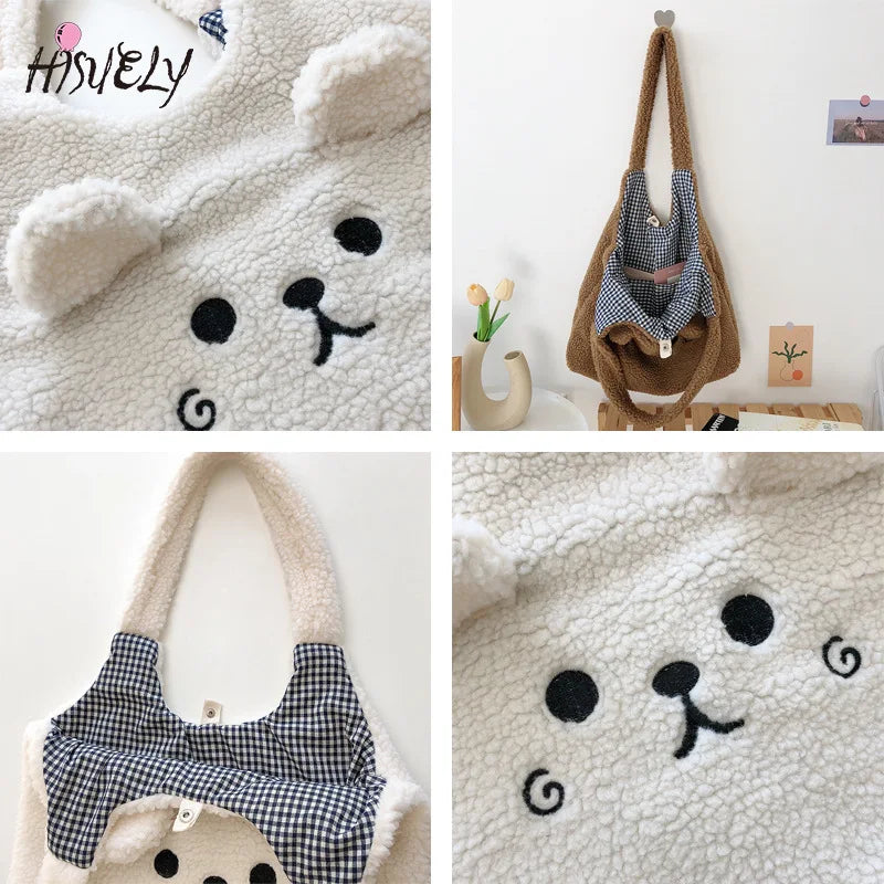 Winter Plush Tote Bag Women Cartoon Embroidery Lamb Hair Shoulder Bag