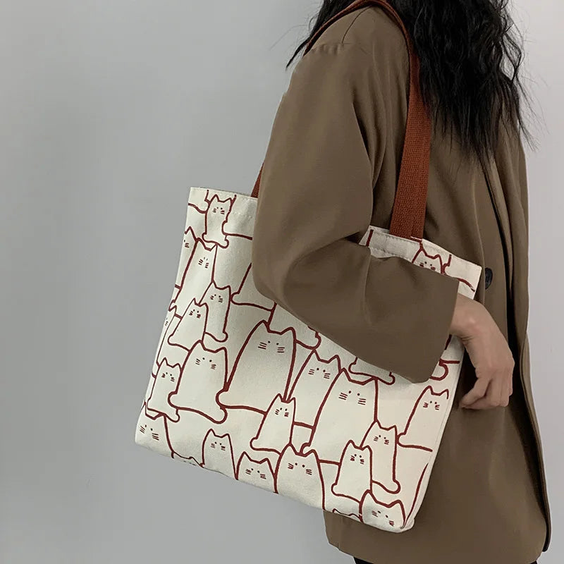 Japanese Style Cartoon Cats Canvas Tote Bag Eco Shoulder Handbag