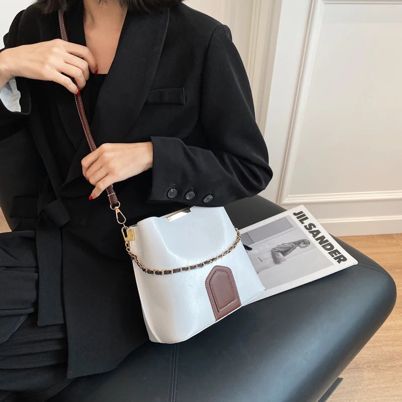 High PU Leather Chain Tote Bucket Bag for Women
