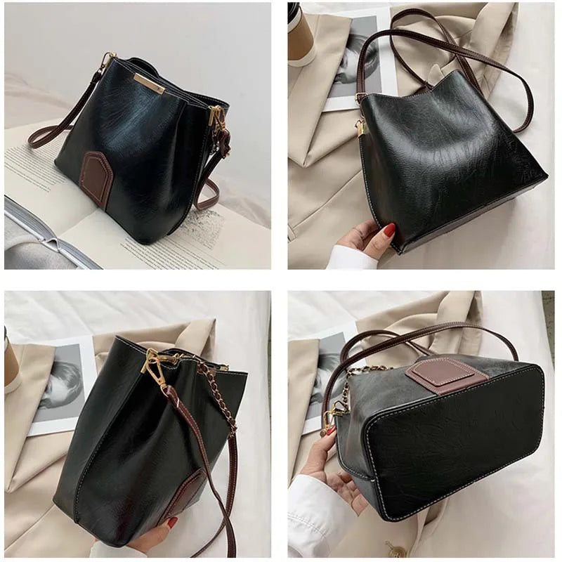 High PU Leather Chain Tote Bucket Bag for Women