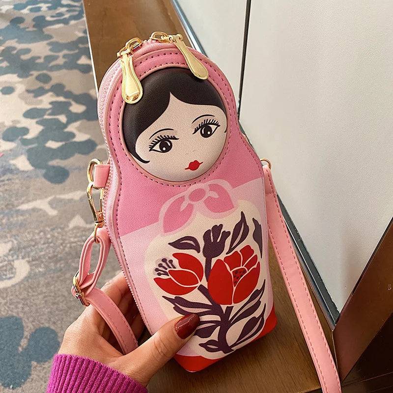 Matryoshka Print Crossbody Bag Women PU Leather Phone Shoulder Bag