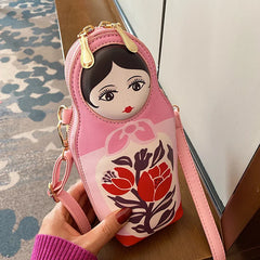 Matryoshka Print Crossbody Bag Women PU Leather Phone Shoulder Bag
