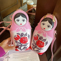 Matryoshka Print Crossbody Bag Women PU Leather Phone Shoulder Bag