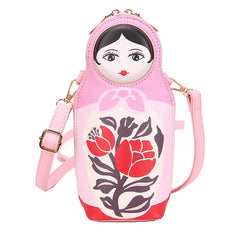 Matryoshka Print Crossbody Bag Women PU Leather Phone Shoulder Bag