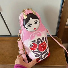 Matryoshka Print Crossbody Bag Women PU Leather Phone Shoulder Bag