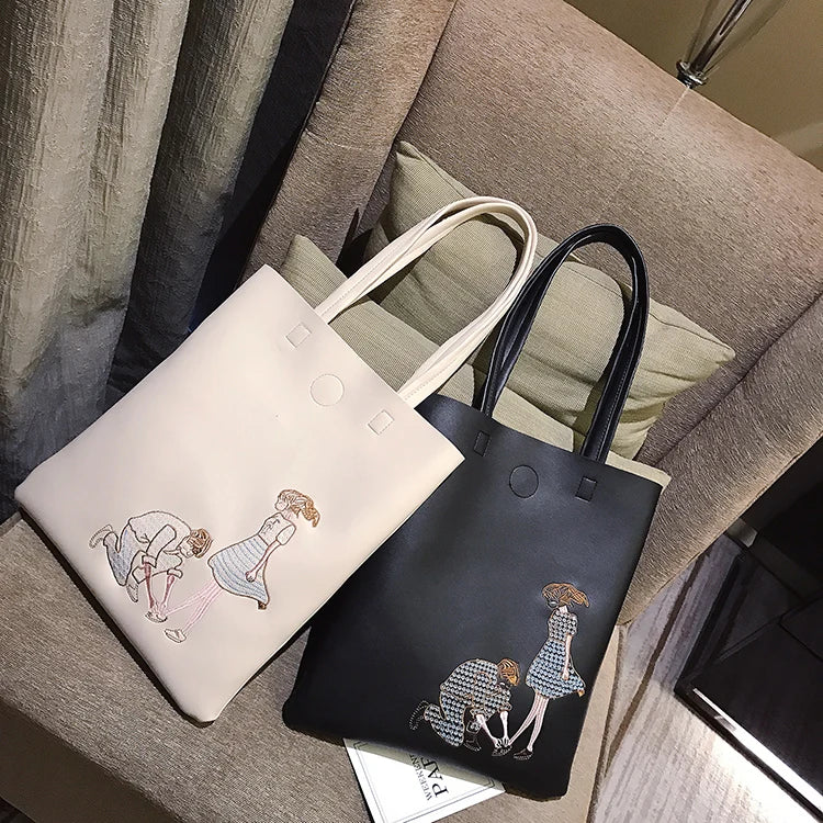 Embroidery Women PU Leather Handbag Large Capacity Tote Bag