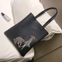 Embroidery Women PU Leather Handbag Large Capacity Tote Bag