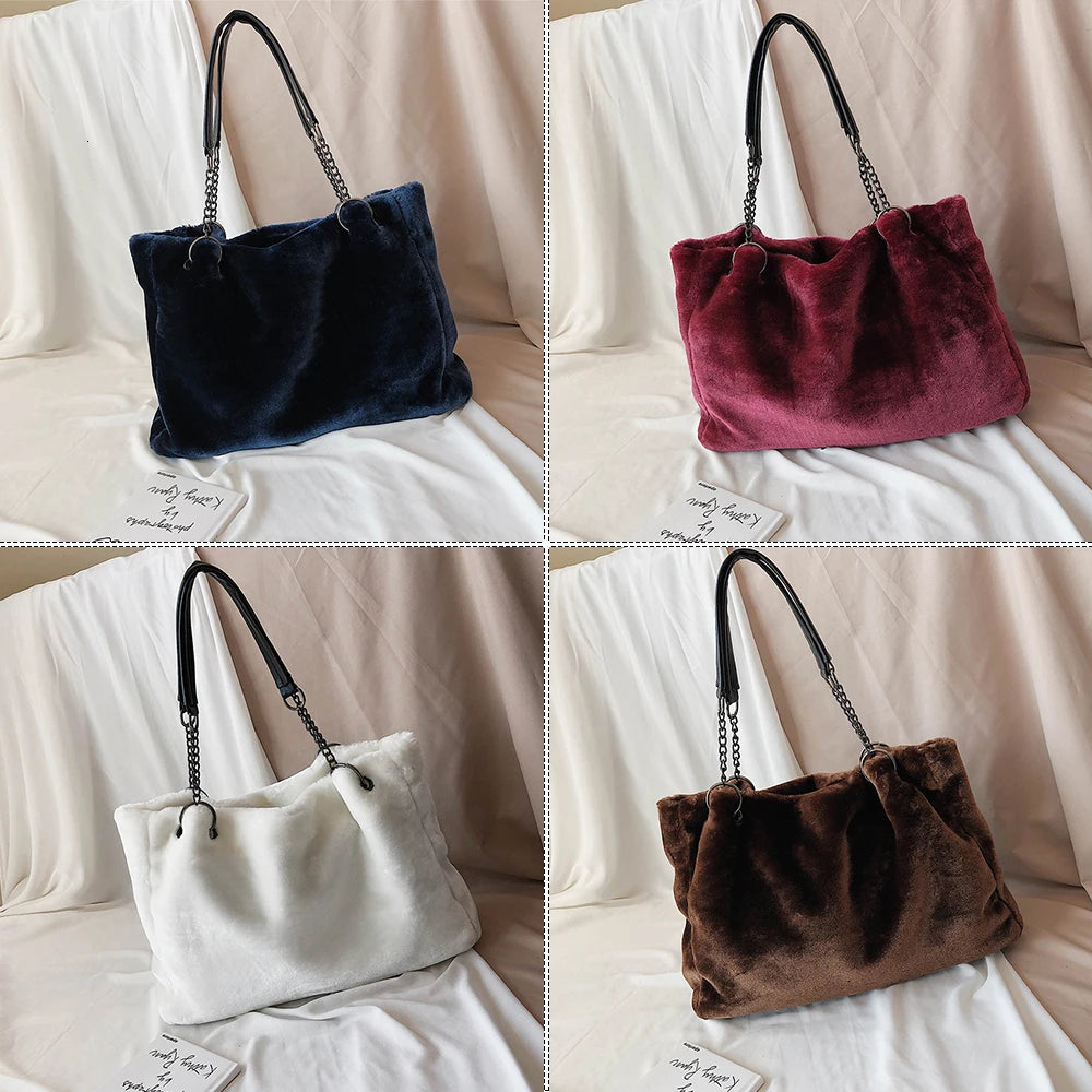 Faux Fur Women Shoulder Bag Plush Lady Handbag Chain Travel Shopping Bag