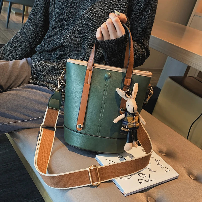 Hot Women PU Leather Handbags Green Bucket Vintage Shoulder Bags Messenger Bag