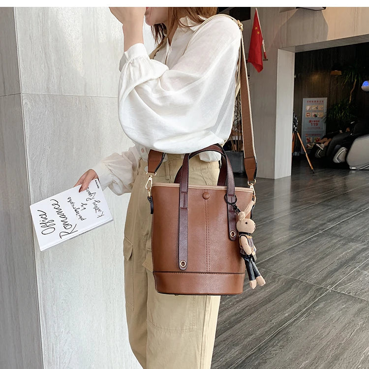 Hot Women PU Leather Handbags Green Bucket Vintage Shoulder Bags Messenger Bag