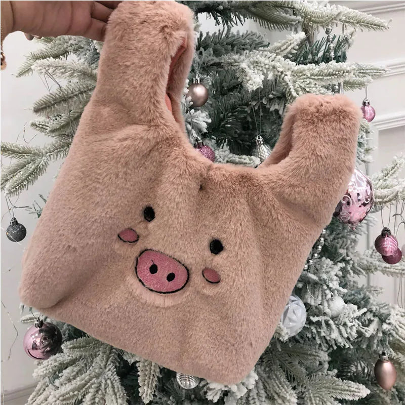 Women Rabbit Hair Plush Handbags Bucket Vintage Shoulder Bags