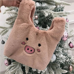 Women Rabbit Hair Plush Handbags Bucket Vintage Shoulder Bags