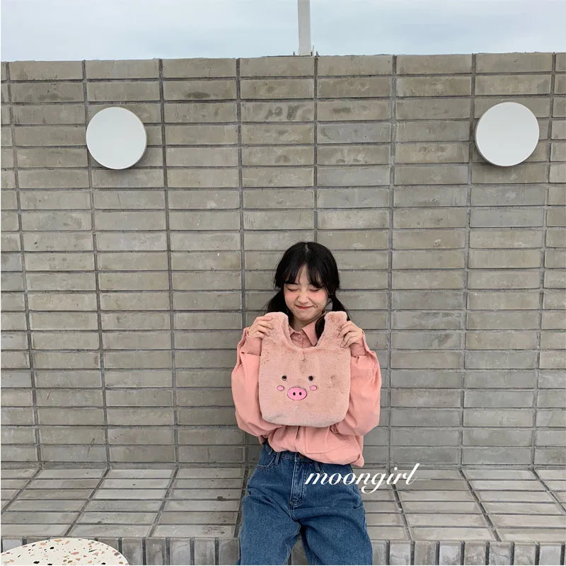 Women Rabbit Hair Plush Handbags Bucket Vintage Shoulder Bags