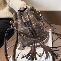 Women Wool Plaid Handbags Khaki Bucket Bag Vintage Shoulder Bags