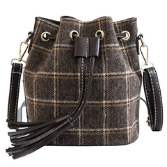 Women Wool Plaid Handbags Khaki Bucket Bag Vintage Shoulder Bags